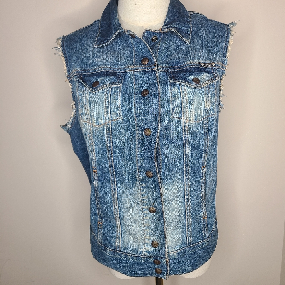 Lucky Brand Distressed Denim Sleeveless Vest Pockets Snap‎ Front Size Medium